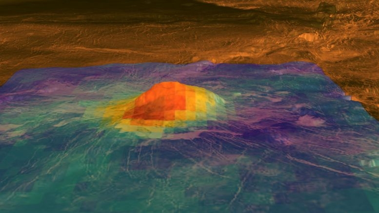 Hình ảnh đỉnh núi lửa Idunn Mons (ở vĩ độ 46 độ nam, 214,5 độ kinh đông) ở khu vực Imdr Regio của sao Kim