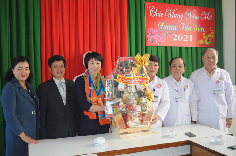 Đồng chí Phạm Thị Phúc và đoàn công tác tặng quà cho Bệnh viện Đa khoa tỉnh