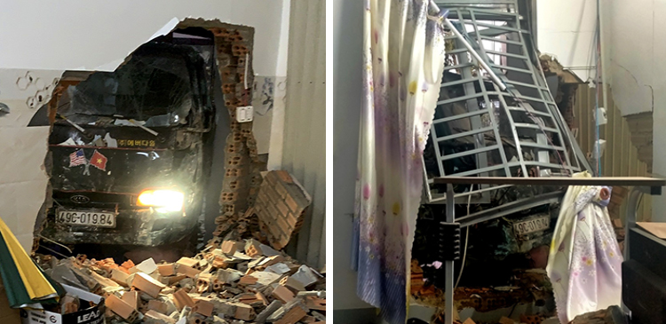 Hiện trường vụ tai nạn xe tải tông sập một vách tường nhà ông Nguyễn Ngọc Trung (xã Lộc Nga, TP Bảo Lộc)