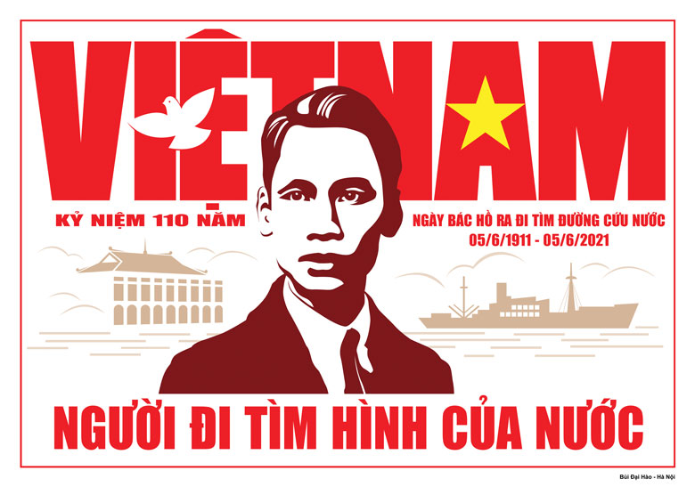 Tranh cổ động kỷ niệm 110 năm ngày Bác Hồ ra đi tìm đường cứu nước của họa sỹ Bùi Đại Hào (Hà Nội). (Nguồn: http://vhttcs.org.vn)