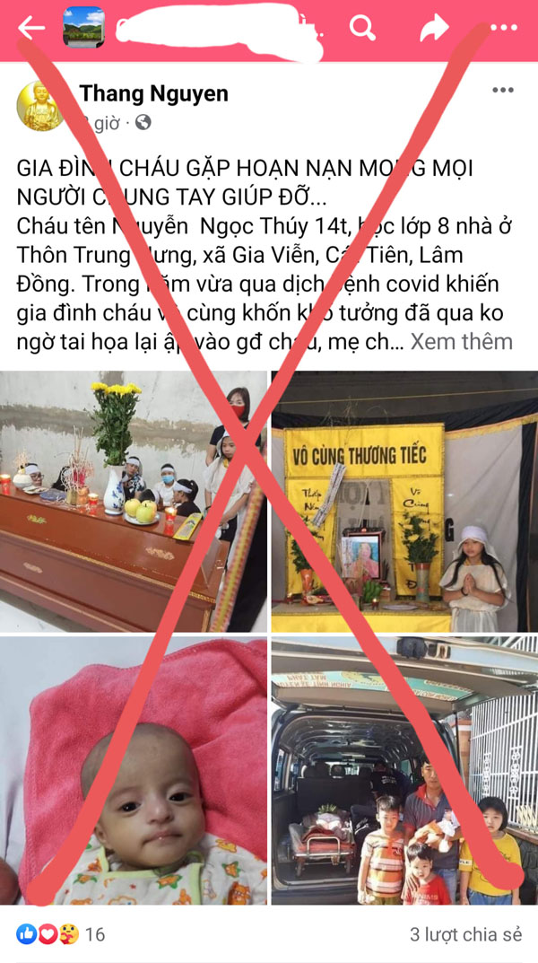 Tài khoản mạng xã hội có tên “Thang Nguyen” đã có hành vi đăng thông tin giả kêu gọi quyên góp từ thiện trên địa bàn huyện Cát Tiên với mục đích nhằm trục lợi cá nhân
