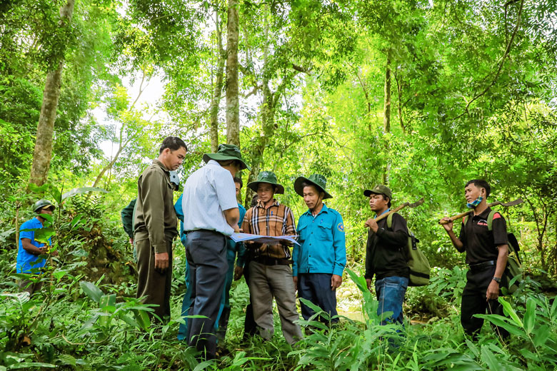 Cán bộ kiểm lâm và các hộ nhận khoán phối hợp tuần tra quản lý, bảo vệ rừng